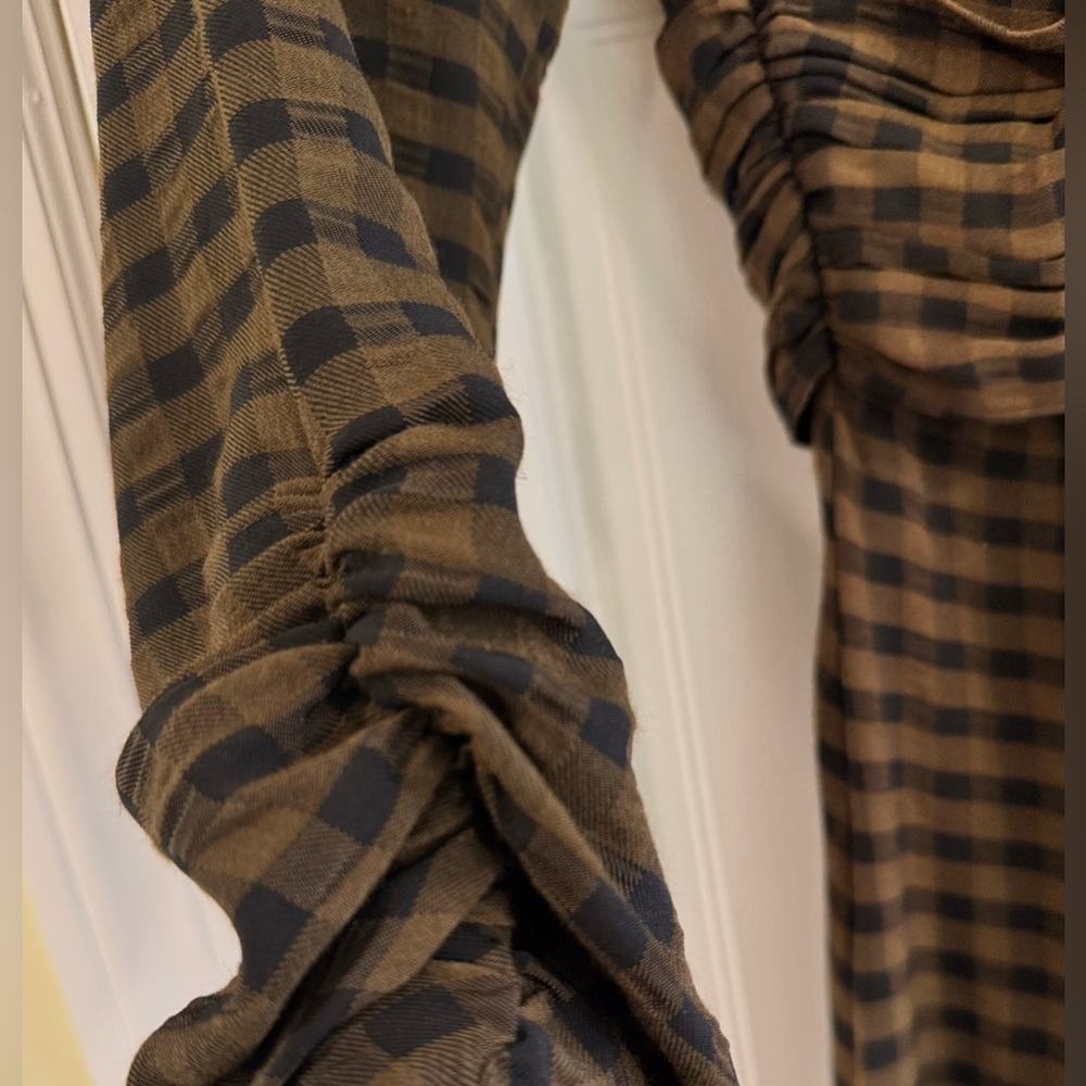 Zara Long Sleeve Brown Plaid Ruched Waist Dress - Picture 4 of 4